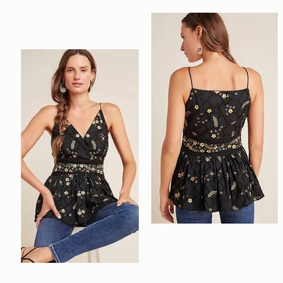 Bhanuni By‎ Jyoti Black Cotton Schiffli Surplice Floral Embroidered TopTypically - Picture 1 of 4